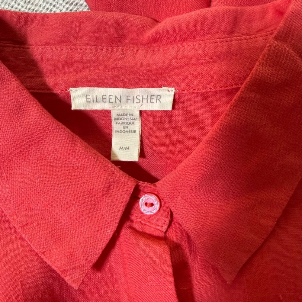 Eileen Fisher Womens Medium Coral Red Linen Button Down Long Sleeve Shirt Tunic - Picture 12 of 16
